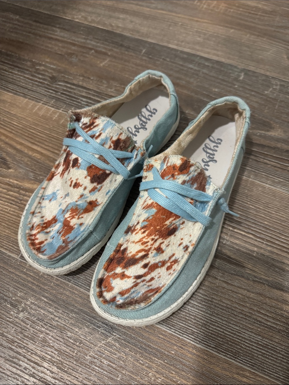 Gypsy Jazz Light Blue Canvas & Brown Cowprint Slip-Ons